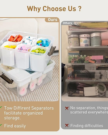 Citylife 17 QT Plastic Storage Box with Removable Tray and 6 Detachable Tall Inserts Craft Organizers and Storage Clear Storage Container for Organizing Crayon, Craft, Sewing, Playdoh, 2 Packs