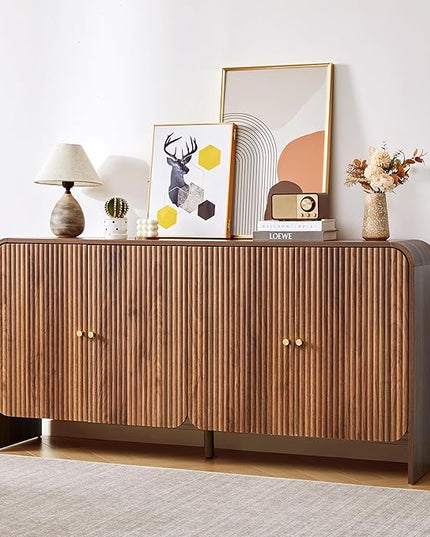 59” Large Buffets Sideboard Cabinet with Storage, Fluted Curved Credenza Buffet Table Storage Cabinet with 4 Doors, Modern Wood Accent Console Table Coffee Bar for Living Room Kitchen Hallway, Walnut