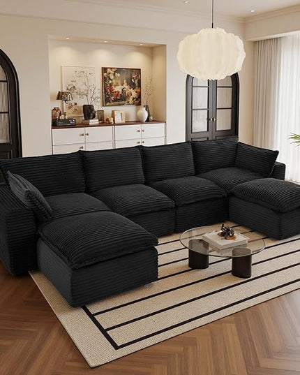 108" Sectional Couches for Living Room Boneless Couch Upholstered Cloud Couch Sectional Modular Sectional Sofa with L Shaped (Corduroy-Black, 4 Seat+2 Ottoman)