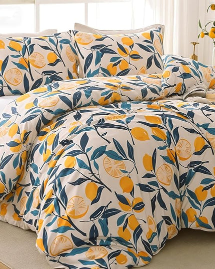 MUXHOMO Lemon Blossom Bed in a Bag King 7 Pieces, King Comforter Set Reversible Botanical Flowers Design, Ultra Soft & Breathable Bedding Sets with Comforter, Sheets, Pillowcases & Shams