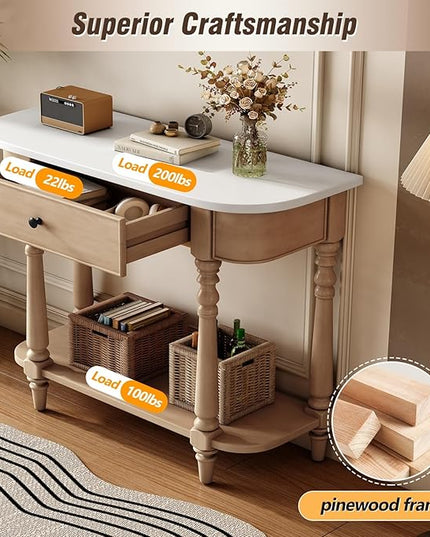 HMFULE Retro Curved Console Table, 36" Solid Wood Half Moon Console Table Sofa Table Entryway Table with 1 Drawer 1 Open Shelf Roman Legs Curved Corners for Living Room,Entryway,Hallway,White+Beige