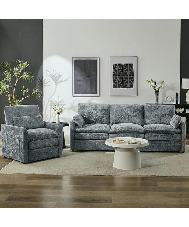 Tbfit Living Room Furniture Set, Standard Sofa & Accent Chair, Modern Comfy Cloud Sofa Set, Spring Seat Cushion, Chenille Fabric, Gray