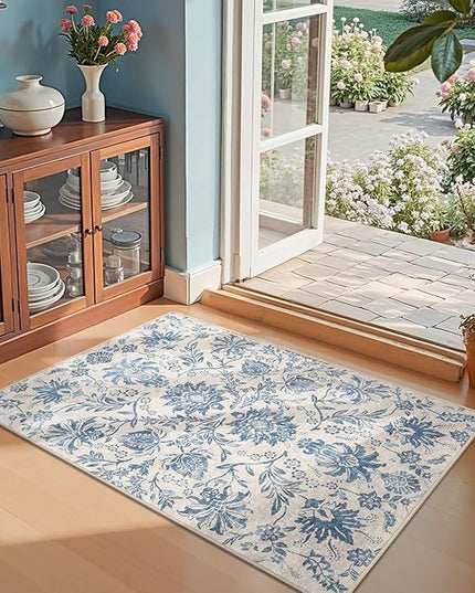 jinchan Torino 3x5 Area Rugs for Entryway, Vintage-Inspired Floral Design Machine Washable Non-Slip Low-Pile Rug, Ultra-Thin Indoor Traditional Accent Carpet for Entrance Bedroom Hallway, Dark Blue