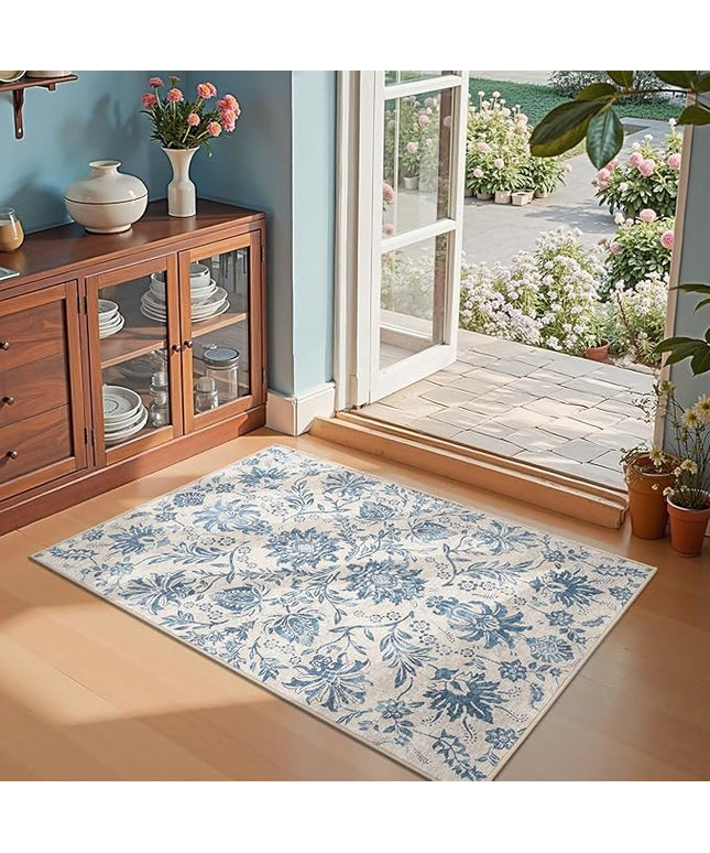 jinchan Torino 3x5 Area Rugs for Entryway, Vintage-Inspired Floral Design Machine Washable Non-Slip Low-Pile Rug, Ultra-Thin Indoor Traditional Accent Carpet for Entrance Bedroom Hallway, Dark Blue