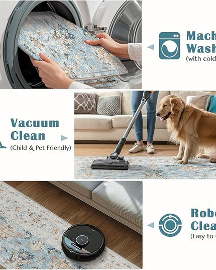 jinchan Hallway Runner Rug 3x10 - Vintage Kitchen Rug Washable Runner Floral Boho Floor Cover Lightweight Non Slip Thin Retro Distressed Carpet for Bathroom Laundry Room Bedroom Stairway Light Blue
