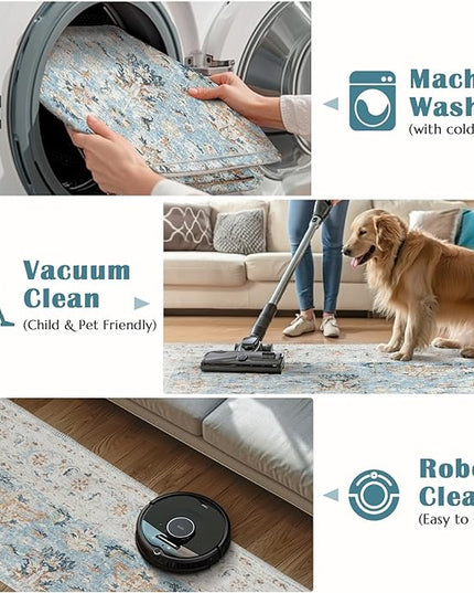 jinchan Area Rug 2x3 Entryway Rug - Washable Vintage Floral Doormat Small Door Mat Indoor Boho Lightweight Thin Non-Slip Retro Distressed Carpet for Doorway Kitchen Bathroom Bedroom Light Blue