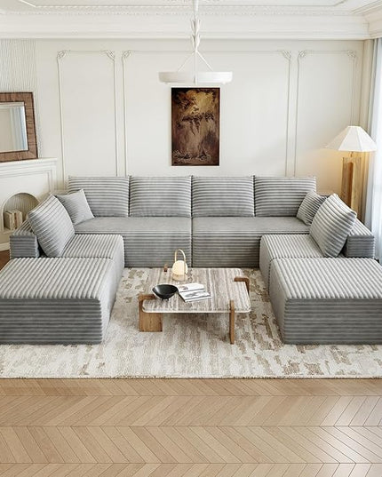 139.4" Modular Sectional Sofa Couch, Oversized U-Shaped Minimalist Couches with 2 Ottomans Chaise and 2 Middle Seats, Modern Deep Seat Cloud Plush Corduroy Sofas Set for Living Room, 8 Seater, Grey