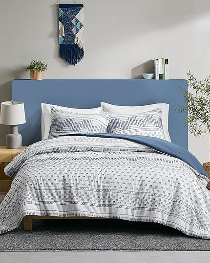 Hyde Lane Modern Navy Bedding, Blue Full/Queen Farmhouse Comforter Set, Cotton Top with Boho Style Clipped Jacquard Stripes, 3-Pieces Including Matching Pillow Shams (90 x 90 Inches)