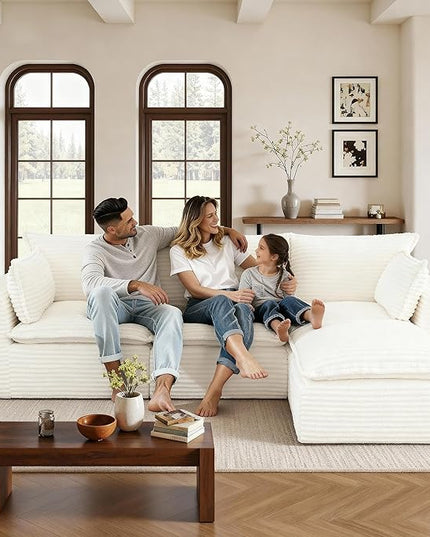108" Sectional Couches for Living Room Boneless Couch Upholstered Cloud Couch Sectional Modular Sectional Sofa with L Shaped (Corduroy-White, 3 Seat+1 Ottoman)