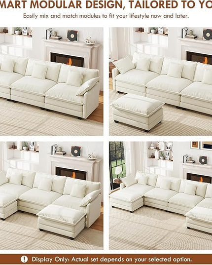 WorthFurni 146” Oversized Modular Sectional Sofa, U Shaped Cloud Couch Set, 4-Seater Comfy Chenille Couches with 2 Movable Ottomans, DIY Combination for Living Room （Beige）