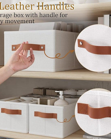 OUTBROS Fabric Storage Boxes, Foldable Bins With Handles, Wardrobe Baskets for Organizing, For bedrooms, living rooms, Shelves, White, 16.1 x 6.5 x 9.8 inch, 6-Pack