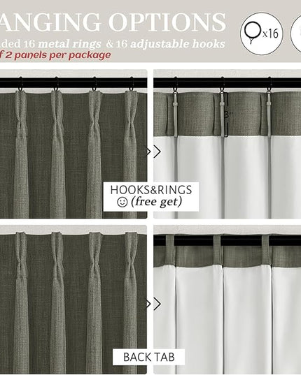 Extra Long Double Layer Linen Blackout Bedroom Window Curtains 105 Inches Long 2 Panels Set, Farmhouse Memory Trained Pinch Pleated Greenish Grey Sound Dampening Large Living Room Curtain 40W x 105L