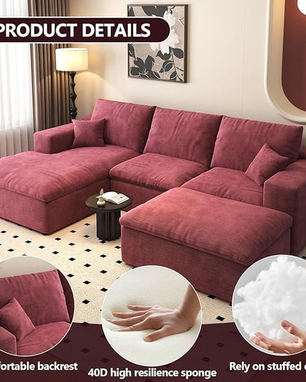 107'' U-Shaped Modern Modular Sectional Cloud Couch Whit Ottoman, 4-Seat Chenille Deep-Seat Sofa with Pillow for Living Room, Bedroom, Apartment, Wine Red