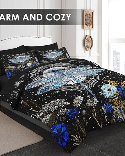 Comforter Set Full Size, Dragonfly Flower Plant Bedding for Kids and Adults, Sun Moon Vintage Black Gold Bed Sheet Sets with Fitted Sheet 2 Pillowcases & 2 Shams for Bedroom Bed Decor