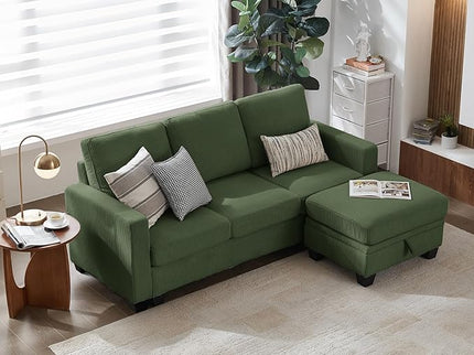 CHIC HOUSE Corduroy Modular Sectional Couch with Ottoman Chaise, L/U Shaped Sleeper Sofa for Living Room, Apartment, Lounge, Modern Armrest Neck Support Furniture (4 Seater Sectional, Green)