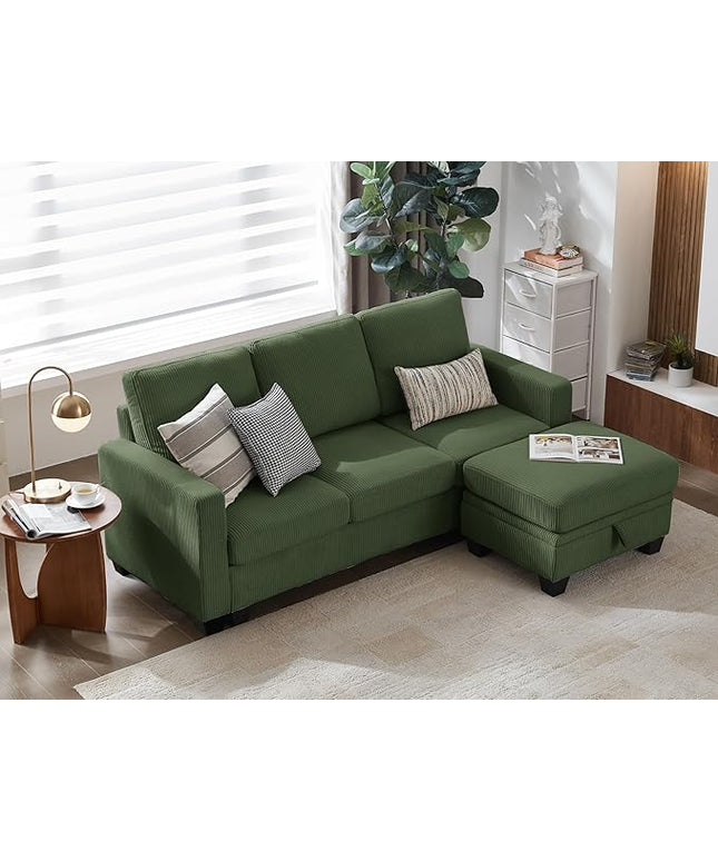CHIC HOUSE Corduroy Modular Sectional Couch with Ottoman Chaise, L/U Shaped Sleeper Sofa for Living Room, Apartment, Lounge, Modern Armrest Neck Support Furniture (4 Seater Sectional, Green)