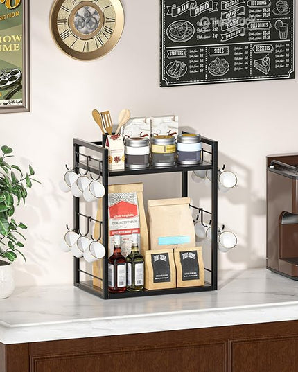 Dorhors 2 Tier Coffee Bar Accessories and Organizer,Multi-functional Mug Holder with 12 Hooks,Wood Coffee Station Organizer,Kitchen Countertop Shelf (Black)