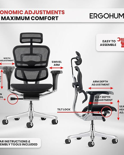 Ergohuman Eurotech ME7ERG GEN2 High Back Mesh Office Chair with Tilt Tension Control, Tilt Lock, Back Angle, Back Height, Synchro Tilt, Seat Height, Seat Depth, and Arm Height Adjustments, Black