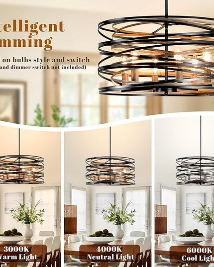 Farmhouse Chandeliers for Dining Room, 5-Light Spiral Drum Large Pendant Lights Rustic Black Chandelier 19.7" Wood Grain Dining Room Light Fixture Metal Chandelier for Foyer Entryway Kitchen Bedroom