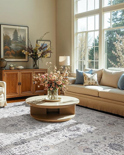 jinchan Area Rug 9x12 Washable Living Room Rug Vintage Indoor Large Floor Cover Retro Accent Mat Distressed Gray Floral Country Boho Non Slip Thin Carpet for Bedroom Kitchen Dining Room Office Grey