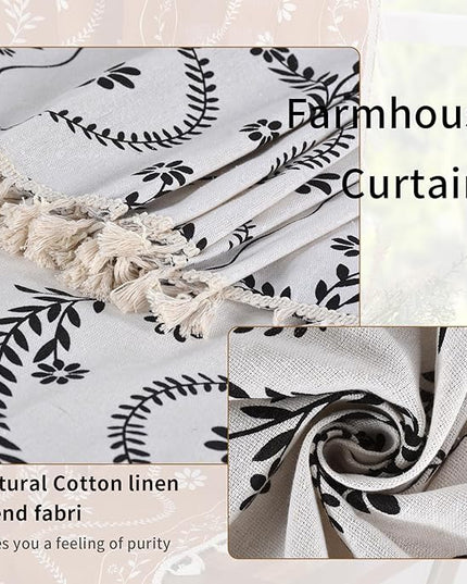 Boho Curtains 2 Panels Set, Farmhouse Linen Semi Sheer Floral Curtains for Living Room, 84 Inches Long Vintage Printed Patterned Curtain with Tassels Rustic Country Curtain Drapes