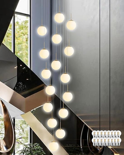 KoKo&Yukina 16-Light Gold Mid Century Modern Chandelier for Living Room Staircase Chandelier for Entryway Globe Milky White Glass Pendant Light High Ceiling Chandeliers Foyer (Bulb & Remote Incl.)