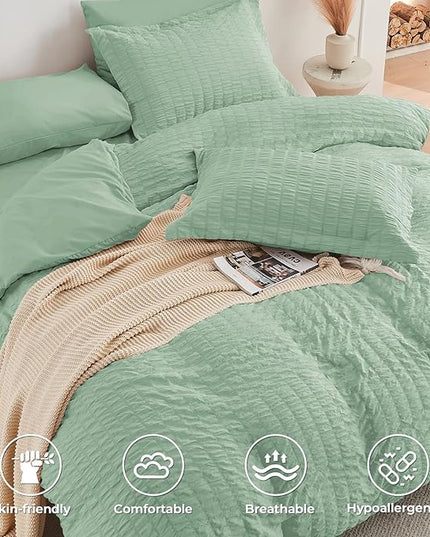 HYMOKEGE Sage Green Full Size Comforter Sets Seersucker 7 Pieces, All Season Luxury Bed in a Bag for Bedroom, Bedding Set with Comforters, Sheets, Pillowcases & Shams