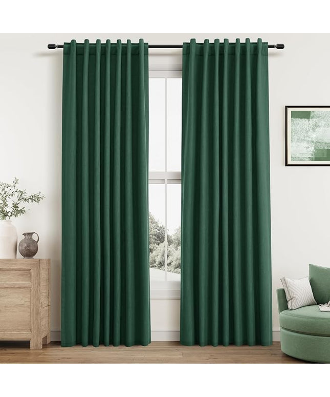 Guken Green Blackout Curtains 90 Inch Length 2 Panels Set for Living Room Bedroom Back Tab Thermal Insulated 100% Black Out Linen Drapes Boho Christmas Decor 52x90