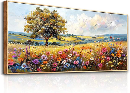hyidecorart Farmhouse Wall Art For Living Room Pictures For Bedroom Wall Decor Natural Scenery Wall Painting Office Artwork Colorful Flowers And Trees Canvas Prints Hanging Decor Wood Framed 72x32