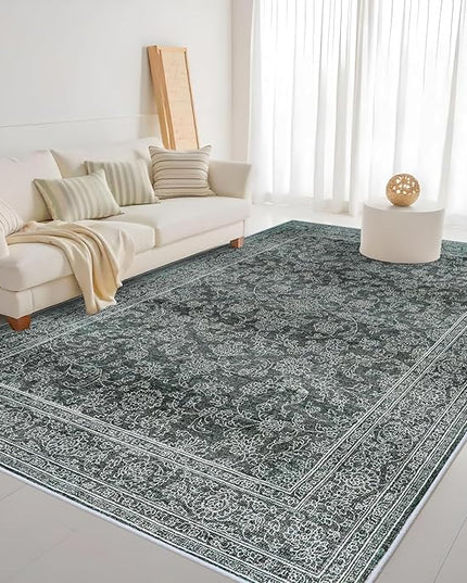 Washable Oriental Area Rug - 9x12 Rugs for Living Room Soft Carpet for Bedroom Waterproof Floral Distressed Indoor Stain Resistant Non-Shedding Floor Carpets (Black Green, 9x12)