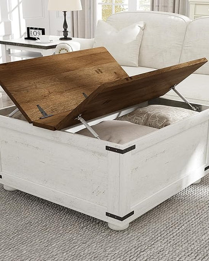 Farmhouse Coffee Table with Storage, White Square Center Table with Hidden Storage Organizer for Living Room, Center Table with Hinged Flip-Top Lids