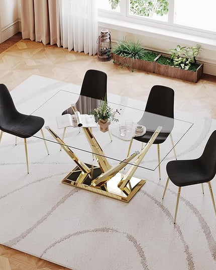 63" Modern Rectangular Glass Dining Table for 4-6, W-Shape Gold Stainless Steel Base, Glass Gold Dining Room Table for 6, Large Kitchen Dinner Table for Living Room