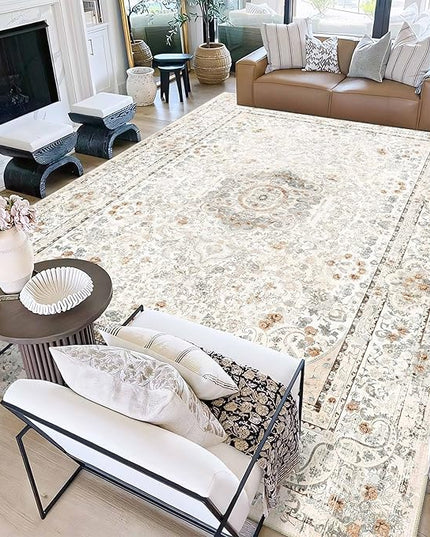9x12 Area Rugs Washable,Boho Rug for Living Room Bedroom Dining Room,Large Vintage Bohemian Distressed Carpet Non Slip,Beige