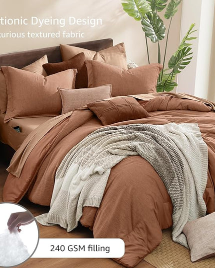 Monbix Oversized Queen Comforter Set - 7 Pieces Cationic Dyeing Autumn Leaf Bed in a Bag Bedding Sets with Comforter, Sheets, Pillowcases & Shams, Reversible Bedding Comforters Sets