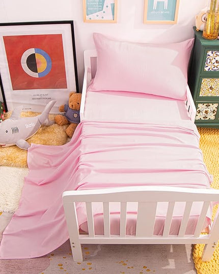NTBAY Toddler Bedding Set - 4 Piece Soft and Breathable Crib Bedding Set for Boys and Girls, Includes Quilted Comforter, Fitted Sheet, Flat Top Sheet and Envelope Pillowcase, Pink