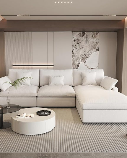 WJShome 120" Cloud Couch Sectional for Living Room, L Shape Down Filled Modular Sectional Sofa,Convertible Couch with Ottoman, Sofa Covers Washable&Replaceable,White