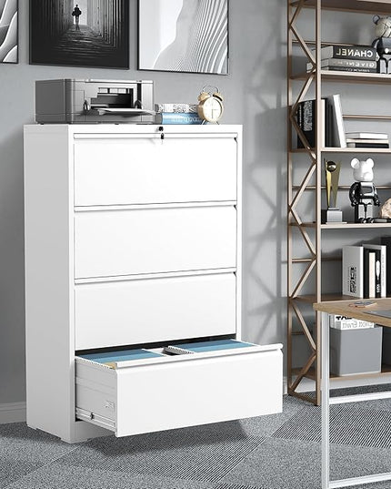 File Cabinets 4 Drawer,Metal Office Storage Filing Cabinet with Lock,White Lateral Filing Cabinet for Home Office,Horizontal Locking File Cabinet for Legal/Letter/A4,Assembly Require,White