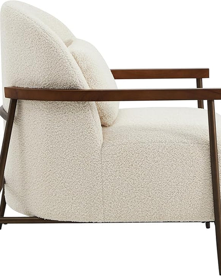 CHITA Accent Chair for Living Room, FSC Certified Modern Upholstered Faux Sherpa Fabric Armchair with Metal Frame and Wooden Armrests, Ivory