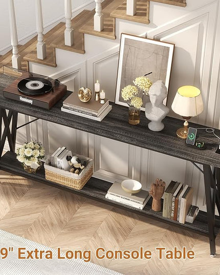 Homieasy 70.9 Inch Extra Long Console Table, Industrial Sofa Table Behind Couch with Charging Station & Storage Shelf, Entryway Table for Living Room & Entryway, Grey Oak