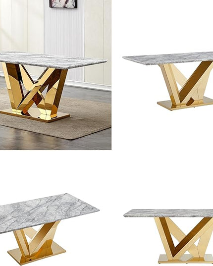 70 Inch Modern Rectangular Dining Table for 6, Faux Marble Top with Mirrored Stainless Steel Base, Large Kitchen Table for Dining Room, Living Room, Office, Conference, (Table Only) (Gold + Grey)