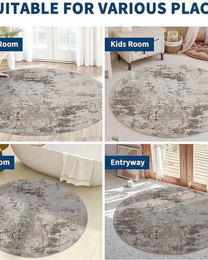 Modern Abstract 4x4 Round Area Rug Non Slip Non Shedding Rug Low Pile Stain Resistant for Bedroom Living Room Office Dining Room,Brown Grey