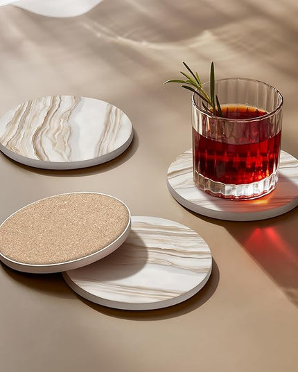 VEYRO Coasters Set of 4 for Drinks – Absorbent Ceramic Stone Drink Coasters with Cork Backing for Coffee Table & Desk, Modern Marble Look Cup Coaster Set, Housewarming Gift for New Home