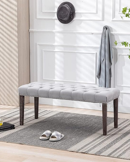 KCC Button-Tufted Ottoman Bench, Upholstered Bedroom Benches Velvet Footrest Stool Accent Bench for Entryway Dining Room Living Room Bedroom End of Bed, Gray