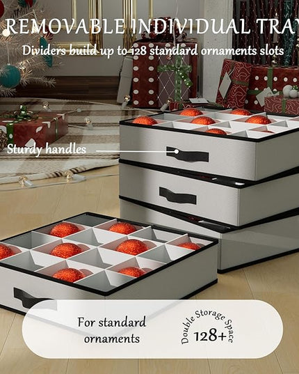 VERONLY Christmas Ornaments Storage Box with Adjustable Dividers - 8 Layers & 128 Compartments, Large Ornament Organizer with Lid for Xmas Decorations, Shatterproof Tray Design, 600D Oxford