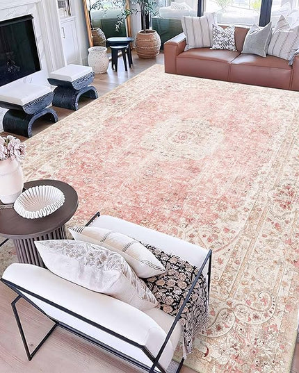 9x12 Area Rugs Washable,Pink Rug for Living Room Bedroom Dining Room,Large Boho Vintage Bohemian Distressed Carpet Non Slip,Blush