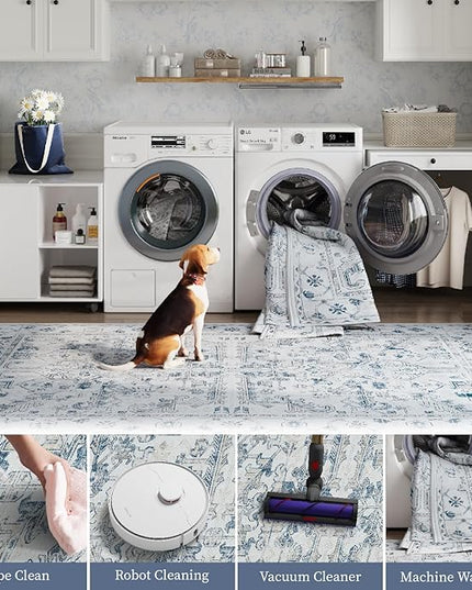 jinchan Lima Hallway Runner Rug 2x8 Washable - Vintage Floral Non Slip Low-Pile Soft Ultra-Thin Faux Wool Kitchen Rug Distressed Carpet Runner for Farmhouse Bedroom Laundry (2x8ft, Blue)