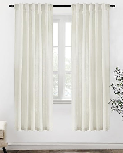 XTMYI 78 Inch Long Linen Sheer Curtains,2 Panels Set Back Tab Pleated Boho Light Filtering Semi Sheer Curtains for Sliding Glass Door,Cream Ivory,40x78 in Length