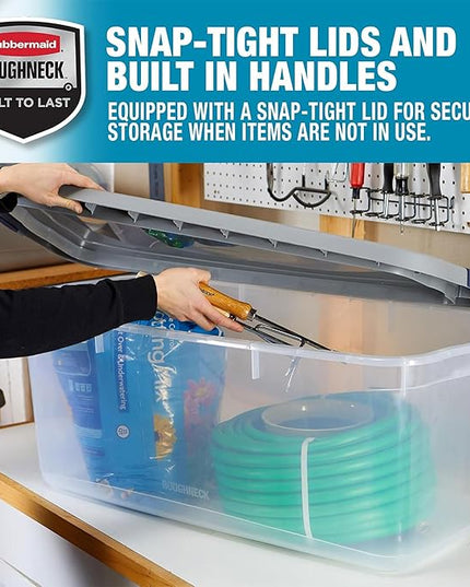 Rubbermaid Roughneck Clear 95 Qt/23.75 Gal Storage Containers, Pack of 4 with Latching Grey Lids, Visible Base, Sturdy and Stackable, Great for Storage and Organization