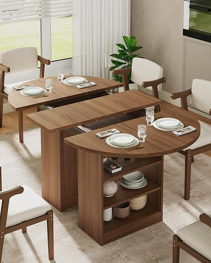 59'' Extendable Dining Table for 4-8, Round Kitchen Room Table with 3-Tier Storage Racks, Adjustable Shelves, Wooden Pedestal Base, for Kitchen, Dinner, Living Room, Office, Walnut