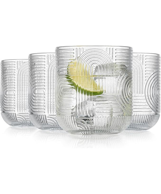 Glaver's Whiskey Glasses 13 oz Rocks Glass Double Old Fashioned Set of 4 DOF Home Bar Thick Glasses Embossed Designed Elegant Clear Modern Vintage Drinking Glassware